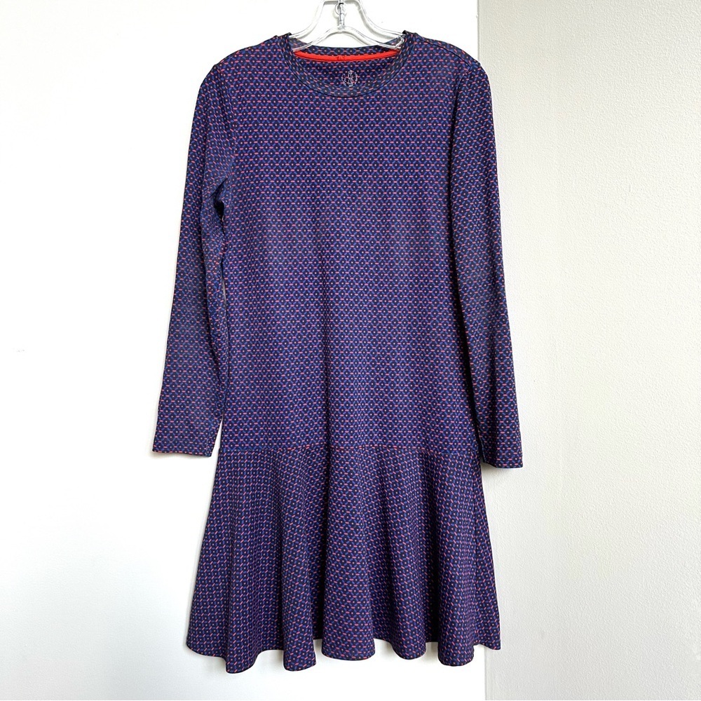 Tory Burch Jenny Dress Navy Sea Ocho Rios 100% Pima Cotton Drop Waist Ruffle Hem